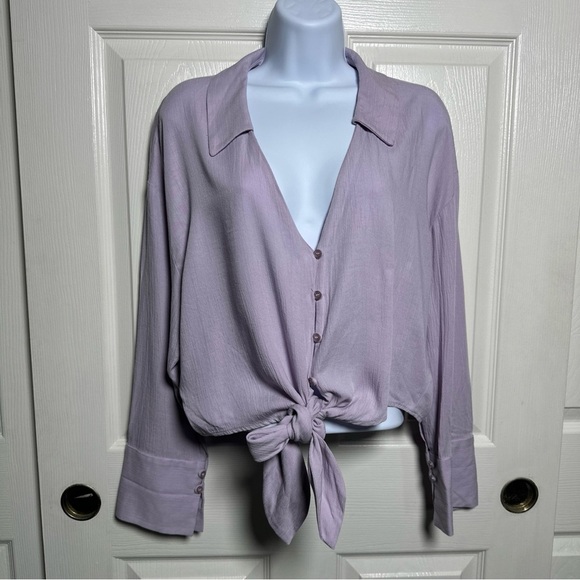 Zara Shirt Womens Small Lavender Front Tie Knot Blouse Crop Lightweight Boho - Picture 1 of 14